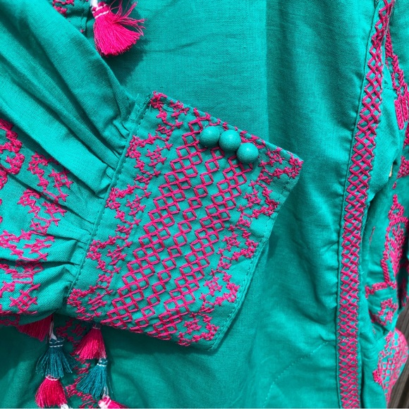 🛍️ Bohemian Green Lantern Sleeve Embroidered Tassels Tunic Dress M - Picture 8 of 10